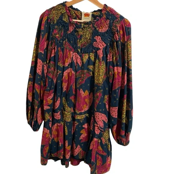 Farm Rio Patchwork Bananas Cotton Balloon Sleeve Ruffle Yoke Mini Trapeze Dress